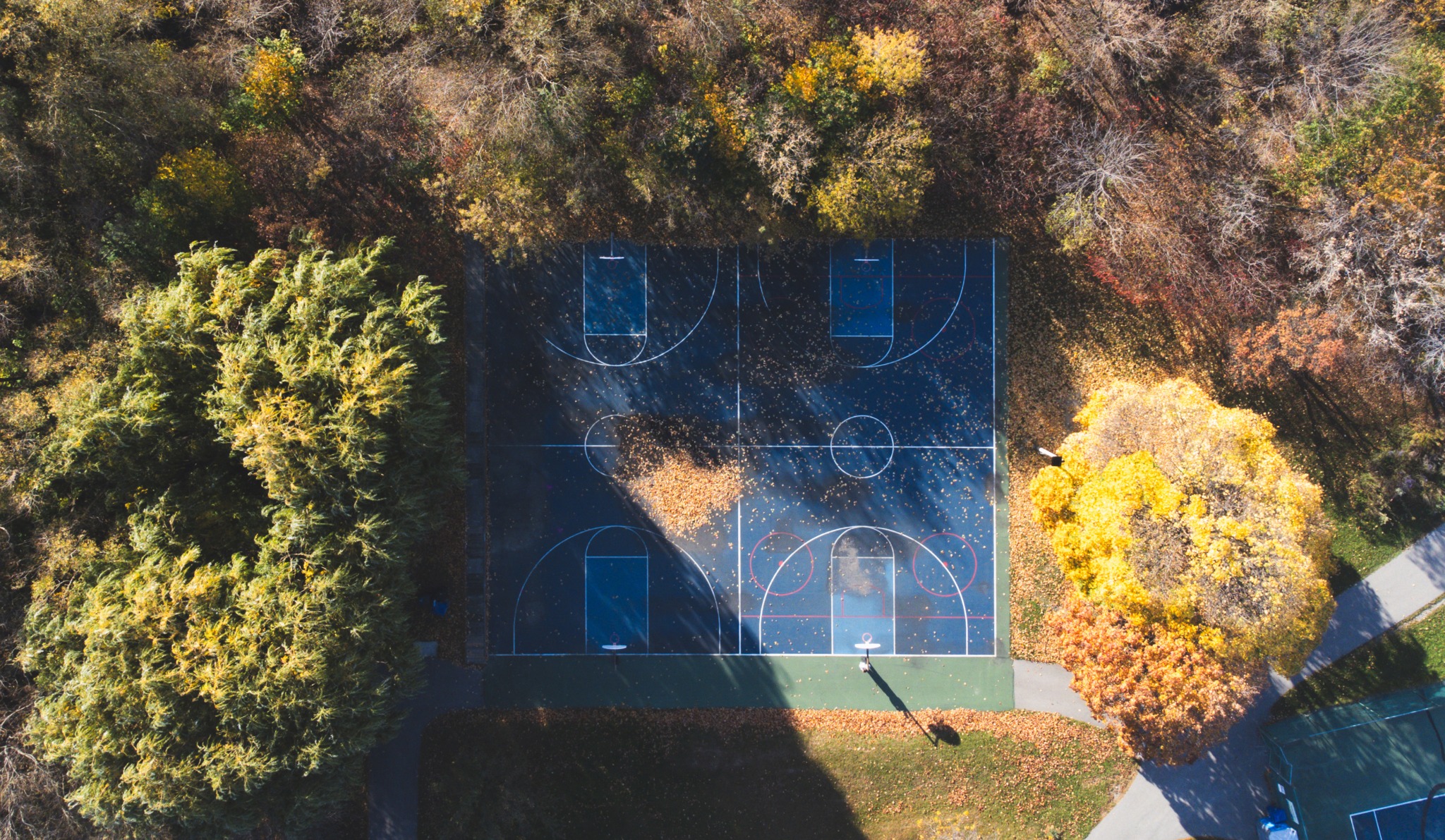 An outdoor basketball court surrounded by autumn trees, seen from above
